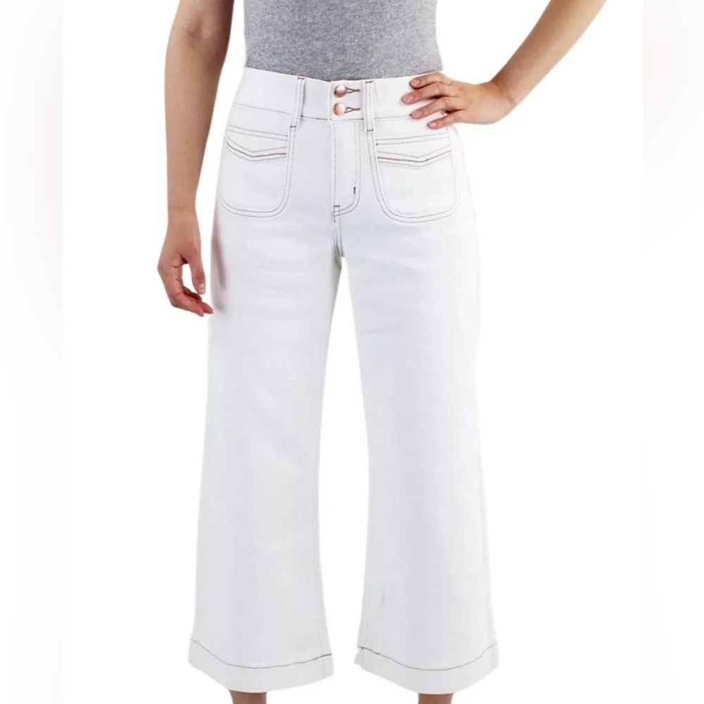 Indigo Poppy Women's Cream Tummy Control Wide-Leg Crop With Pokets Jeans Size12